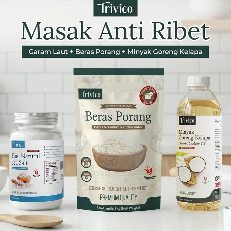 TRIVICO Paket Masak Anti Ribet Beras Porang 1Kg + Garam Laut 300gr + Minyak Goreng Kelapa 1Liter