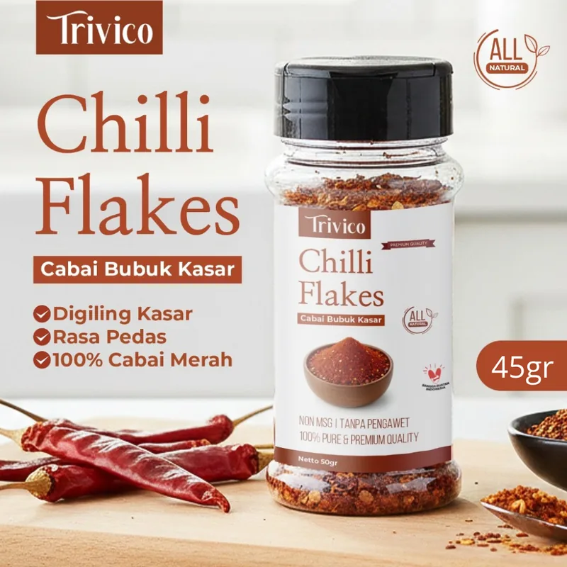 TRIVICO Chilli Flakes 45gr Cabai Bubuk Kasar Pedas Cabai Kering Asli Tanpa MSG