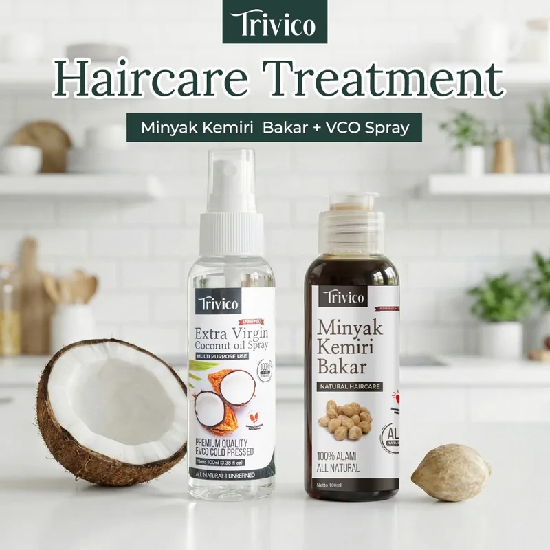 TRIVICO Paket Hair Treatment Minyak Kemiri Bakar + VCO Spray Penumbuh Rambut Alami Penghitam Rambut Rontok 100ml